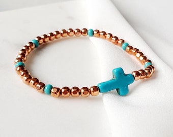 Copper bracelet, Minimalist bracelet with cross bead, Colorful beaded bracelet, Cross jewelry, Christian Religious Gift For him, For her