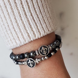 Fleur de Lis bracelet, Stainless steel bead bracelet, Hematite bracelet, Fleur de Lys bead bracelet, Metal bead bracelet, Bracelet for men