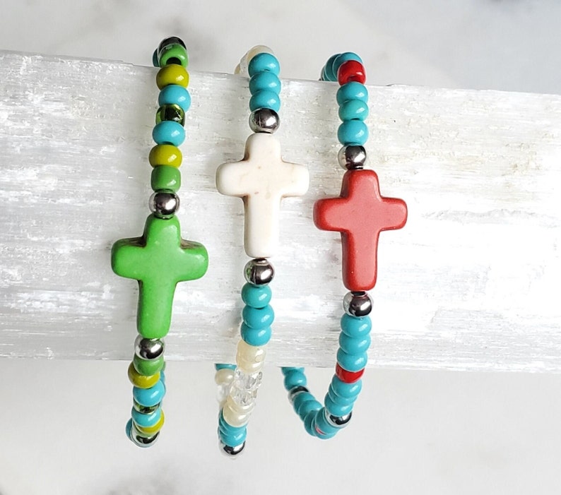 Cross beaded bracelet, Minimalist bracelet, Elastic multicolor seed bead bracelets, Bohemian bracelets, Cross jewelry, Religious Gift idea image 2
