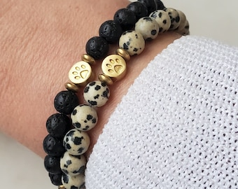 Pet paw bead bracelet, Natural stone bracelet, Pet parent bracelet, Pet lover gift, Dog Cat brass paw bead bracelet, Unisex Birthday gift