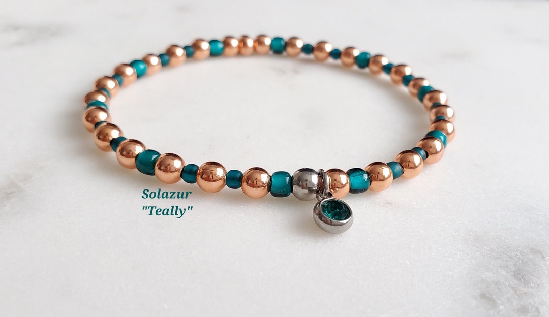 Copper Bracelet, Teal Seed Bead Bracelet, Genuine Untreated Copper Bead