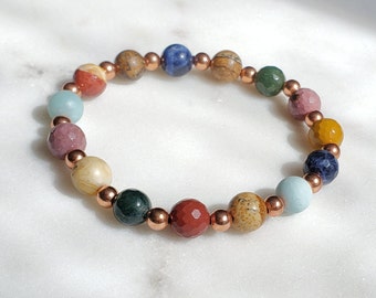 Multi gemstone bracelet, Solid copper bracelet, Colorful mala bracelet, Elastic bracelet, Grounding Calming energy, Meditation bracelet