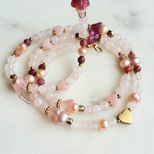 Rose Quartz beaded necklace, Mixed gemstone beaded necklace, Pink Opal, Thulite & Freshwater Pearls necklace, Heart brass bead necklace