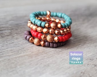 Stretch beaded ring, Solid copper ring, Minimalist ring, Stackable rings, Copper jewellery, Dainty colorful seed bead rings, Gift idea