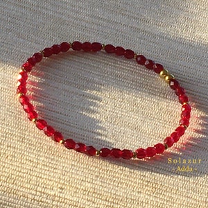 Minimalist Red Czech Glass Bead Bracelet: Brass Accent Stretch Bracelet, Red bead bracelet, Dainty bracelet, Friendship gift