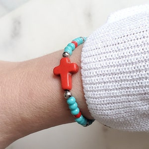 Cross beaded bracelet, Minimalist bracelet, Elastic multicolor seed bead bracelets, Bohemian bracelets, Cross jewelry, Religious Gift idea red cross