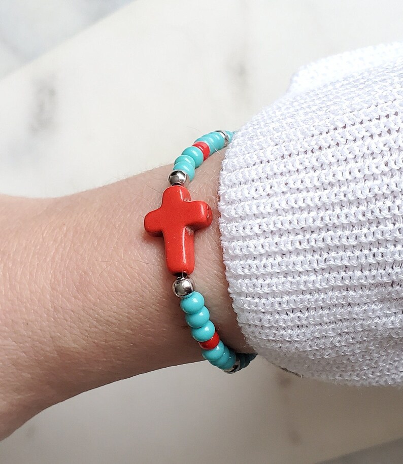 Cross beaded bracelet, Minimalist bracelet, Elastic multicolor seed bead bracelets, Bohemian bracelets, Cross jewelry, Religious Gift idea red cross