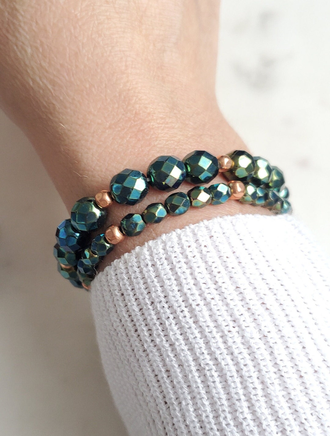 Green Bead Bracelet, Genuine Copper Bead, Czech Glass Bracelet, Earthy