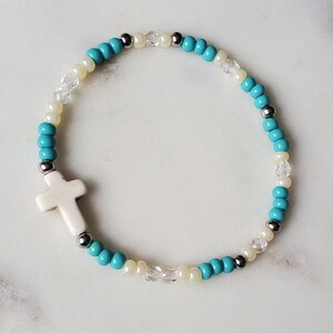 Cross beaded bracelet, Minimalist bracelet, Elastic multicolor seed bead bracelets, Bohemian bracelets, Cross jewelry, Religious Gift idea image 3