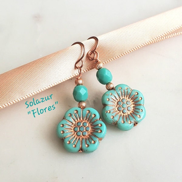 Flower bead earrings, Copper earrings, Czech glass flower bead earrings, Artistic earrings, Vintage style earrings, Boho Earrings for women