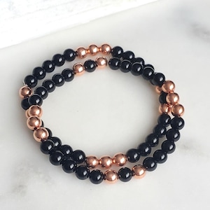 Black Obsidian bracelet, Copper bracelet, Stretch Gemstone bracelet, Black bead bracelet, Friendship Birthday gift, Unisex copper bracelet