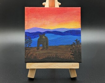 Great Smoky Mountains Acrylic Painting: Night Bear Mini Canvas with Easel