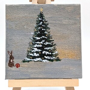 Bunny with Gift for Under the Christmas Tree Mini Painting with Easel