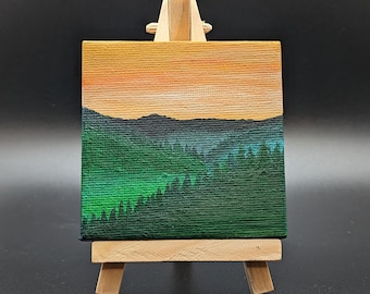 Smoky Mountains Sunset Painting: Miniature Acrylic Landscape with Easel