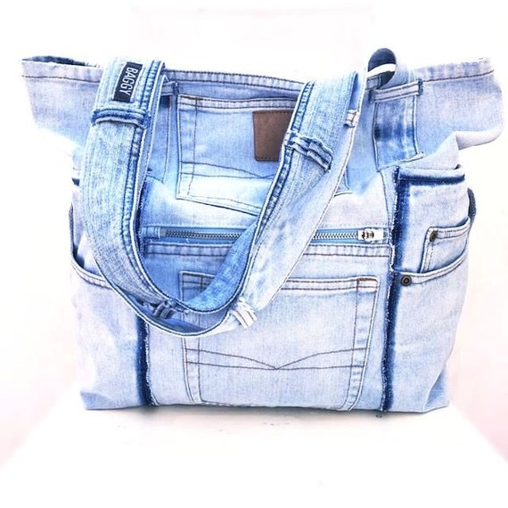 Denim bag Blue recycled jeans tote bag Shoulder large | Etsy