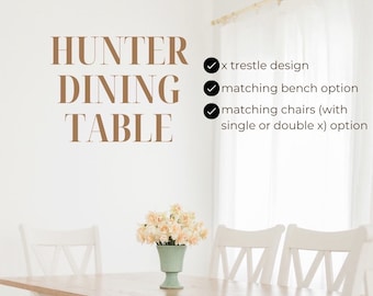 HUNTER Custom Rustic Trestle Farmhouse Table | Rustic Truss Farm House Table | Farmhouse Kitchen Table with Bench, Dine Chairs | Dining Set