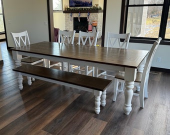 KENNEDY Traditional Dining Table with Turned Legs | Custom Wooden Dining Room Set with Chairs and Bench | Classic Solid Wood Farmhouse Table