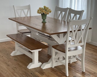 TRUSS Farmhouse Table with Bench and 4 Chairs | Farm House Dining Table Set | Solid Hard Wood Handmade Kitchen Table | Dinning Trestle Table