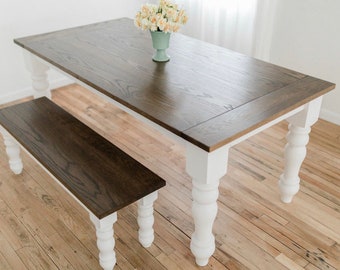 Farmhouse Dining Table | Solid Wood Customizable Table | Rustic Country Style | Sturdy Turned Leg Base