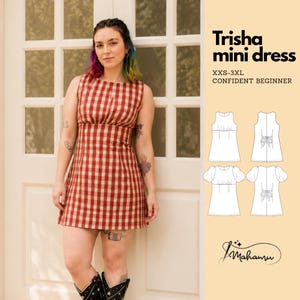 May include: A sleeveless mini dress in a red and white gingham pattern. The image includes text reading Trisha mini dress, XXS-3XL, CONFIDENT BEGINNER, and Mahanu, alongside technical line drawings showing front and back views of the dress design.