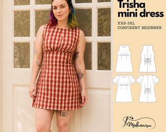 May include: A sleeveless mini dress in a red and white gingham pattern. The image includes text reading Trisha mini dress, XXS-3XL, CONFIDENT BEGINNER, and Mahanu, alongside technical line drawings showing front and back views of the dress design.
