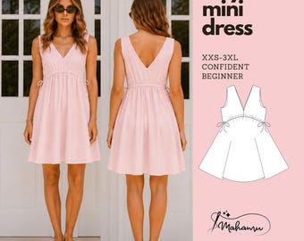 May include: A light pink mini dress with a V-neckline, sleeveless bodice, and side ties at the waist. The image includes text reading Nayan mini dress, XXS-3XL, CONFIDENT BEGINNER, and a line drawing of the dress pattern with the Mahamu logo.