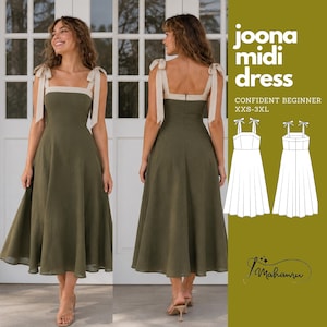 May include: An olive green midi dress with a straight neckline and cream-coloured tie-shoulder straps. The dress features a fitted bodice and a flared skirt. The text on the right reads joona midi dress, CONFIDENT BEGINNER, and XXS-3XL.