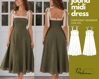 May include: An olive green midi dress with a straight neckline and cream-colored tie-shoulder straps. The dress features a fitted bodice and a flared skirt. The text on the right reads joona midi dress, CONFIDENT BEGINNER, and XXS-3XL.