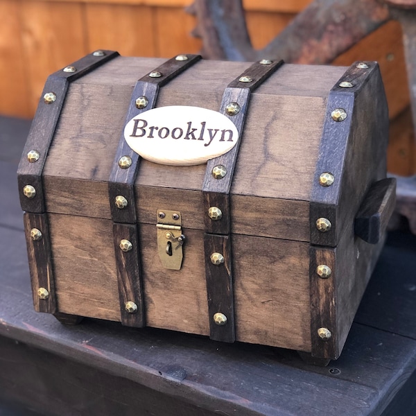 Treasure chest, trunk, trinket box, unique rustic wooden piggy bank pirate box, money, trinkets, jewelry, keepsakes for letters pictures