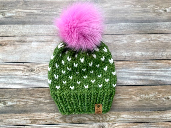 Cactus Beanie, Tiny Heart Bulky Knit Beanie, Plant Lady Gift, Fair Isle  Knit, Multi Color Toque, Removable Faux Fur Pom, Green and Pink - Etsy