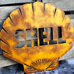 Rusty Patina Shell Gas Station Garage Sign Large Wall Petroleum Art Vintage Gas Station Sign / Shell Oil / Gas Station Decor / Garage Decor