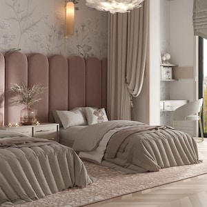 May include: Two twin beds with pink headboards and beige bedding in a bedroom with a large window, beige curtains, and a desk with a white chair.