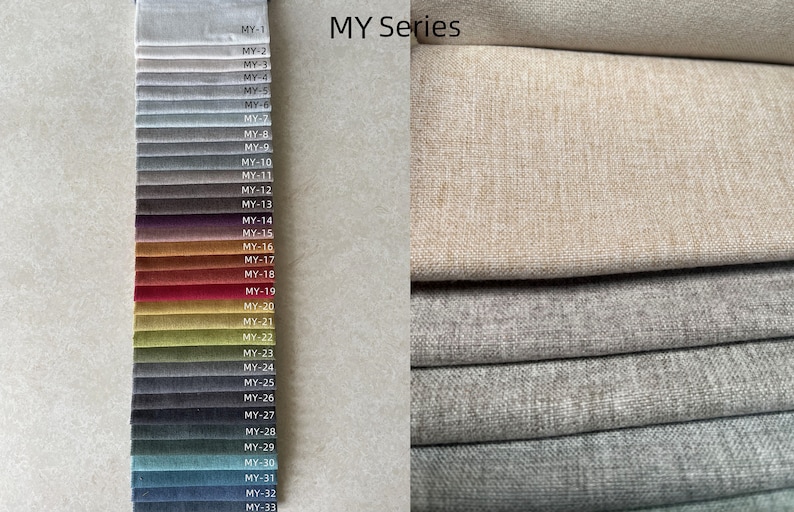 May include: Fabric swatches in various colors, labeled with "MY Series" and numbered from MY-1 to MY-33. The image shows a range of fabric textures and hues, including neutral tones and vibrant shades.