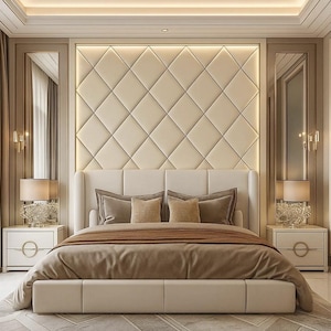 May include: A luxurious bedroom featuring a large bed with a cream-colored headboard and a diamond-patterned wall. The bed is covered with brown bedding and pillows. Two white nightstands with lamps flank the bed, and mirrors are on either side.