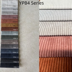 May include: A color palette of corduroy fabric swatches in various shades, including gray, rust, and navy. The swatches are labeled with the text "YPB4 Series" and individual color codes. The right side of the image shows a close-up of the corduroy texture.