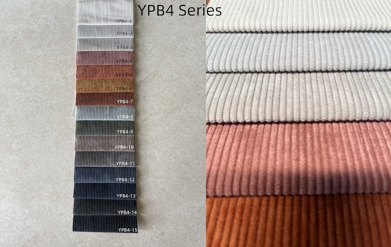 May include: A color palette of corduroy fabric swatches in various shades, including gray, rust, and navy. The swatches are labeled with the text "YPB4 Series" and individual color codes. The right side of the image shows a close-up of the corduroy texture.