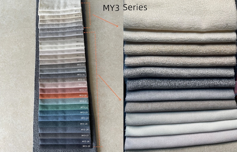 May include: Fabric swatch samples from the MY3 Series, showcasing a range of colors and textures. The swatches include shades of beige, gray, and blue, with a variety of fabric finishes. The image displays a color palette for upholstery or textile design.