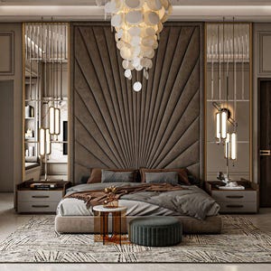 May include: A modern bedroom featuring a large, brown, tufted headboard. The headboard has a sunburst design. The bed is dressed with a grey duvet and brown throw blanket. There are two bedside tables with drawers on either side of the bed. The room has a large, ornate chandelier and a rug with a geometric pattern.