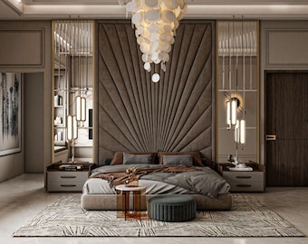 May include: A modern bedroom with a large, brown, tufted headboard. The headboard has a sunburst design. The bed is made with a gray duvet and brown throw blanket. There are two nightstands with drawers on either side of the bed. The room has a large, ornate chandelier and a rug with a geometric pattern.