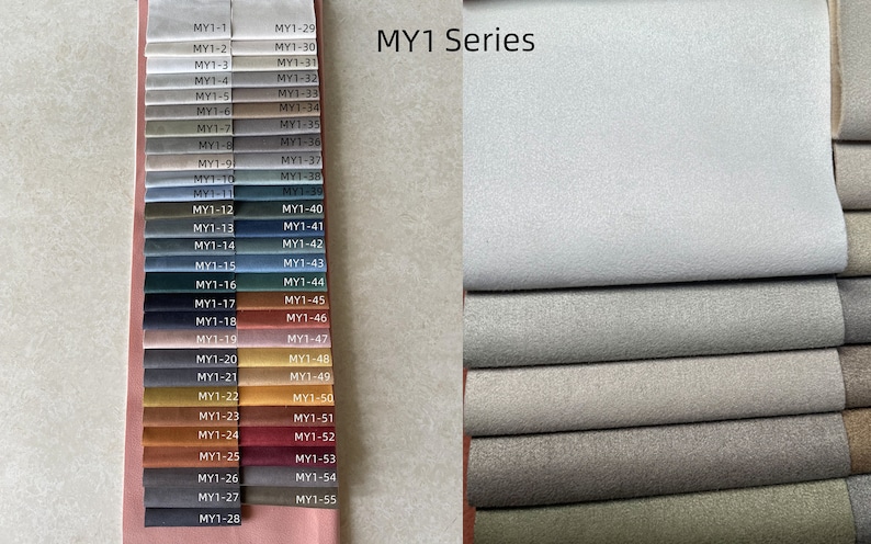 May include: A color swatch featuring a variety of fabric samples in shades of gray, blue, brown, and red. The samples are labeled with the "MY1 Series" and individual codes. The fabric appears to be a soft, textured material.