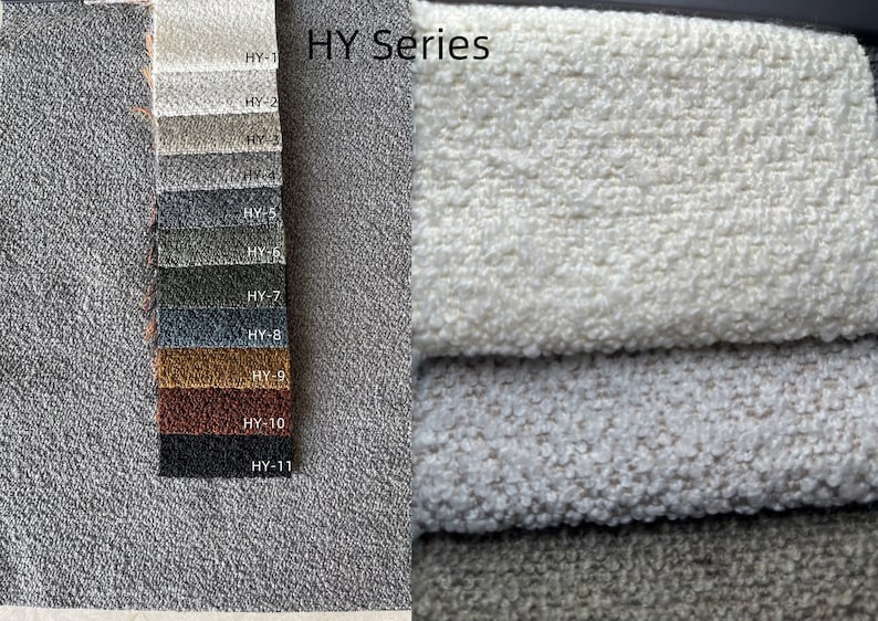 May include: A fabric swatch card labeled "HY Series" displays various textured fabric samples in shades of gray, beige, and brown. The card includes eleven numbered fabric swatches. Several larger fabric samples are stacked on the right, showcasing the texture.