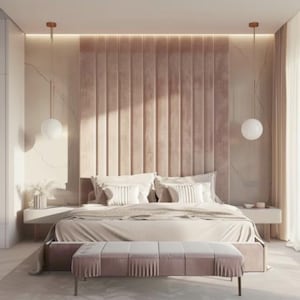 Puede incluir: Un dormitorio de lujo con una cama grande y un cabecero acolchado en un suave tono rosa. La cama está adornada con almohadas blancas y un edredón de tonos neutros. Dos lámparas colgantes esféricas cuelgan a ambos lados de la cama, y un banco se encuentra al pie de la cama.