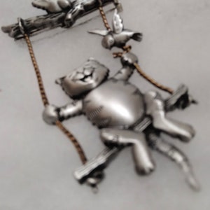 80&#39;s  JJ Jonette Jewelry Cat on a Swing Figural Pewter