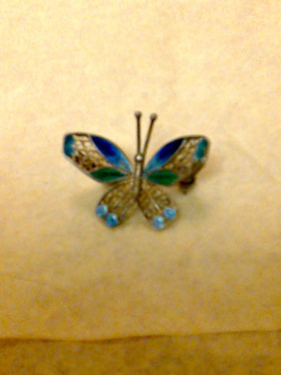 Vintage Filigree Metal and Blue Enamel Butterfly … - image 3