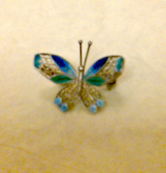 Vintage Filigree Metal and Blue Enamel Butterfly … - image 2