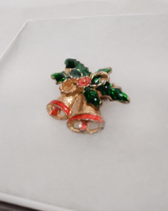Gold Tone Christmas Bells with Holly Leaves Brooch
