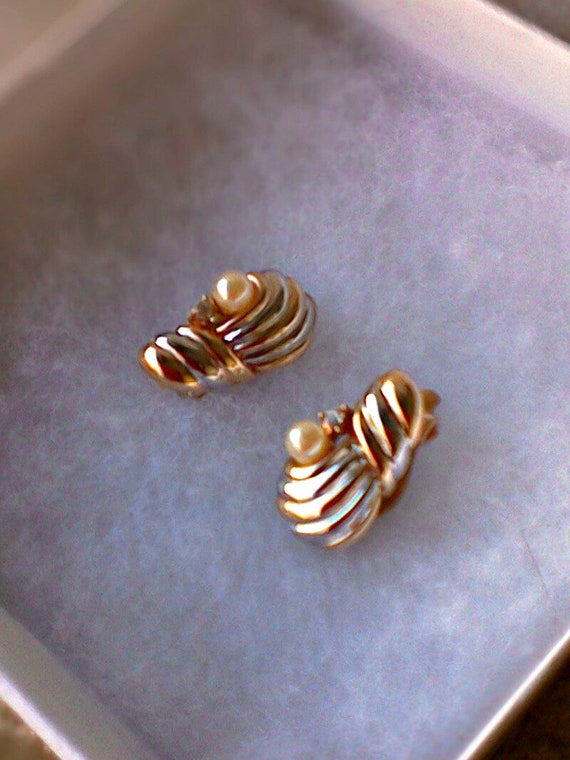 Vintage Gold and Silver tone earrings with pearl … - image 1