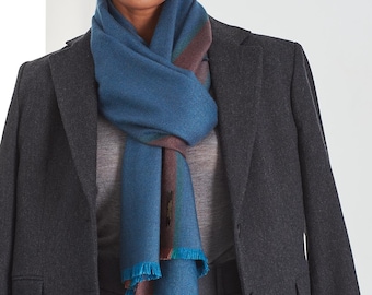 Cashmere Silk Scarf: Dark Blue Petrol with Terracotta Stripes