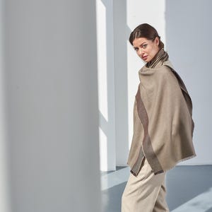 Cashmere Silk Scarf Shawl: Taupe with Dark Stripes, Made in Italy