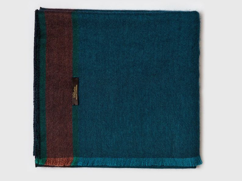 Cashmere and silk scarf Chadrin dark blue petrol with a terracotta stripes image 7